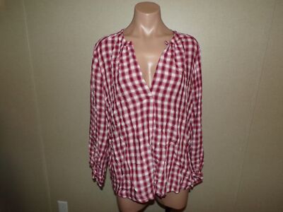 Ann Taylor Loft Shirt Women Size Large Red Pink Plaid V-Neck Long Sleeve NWT $59