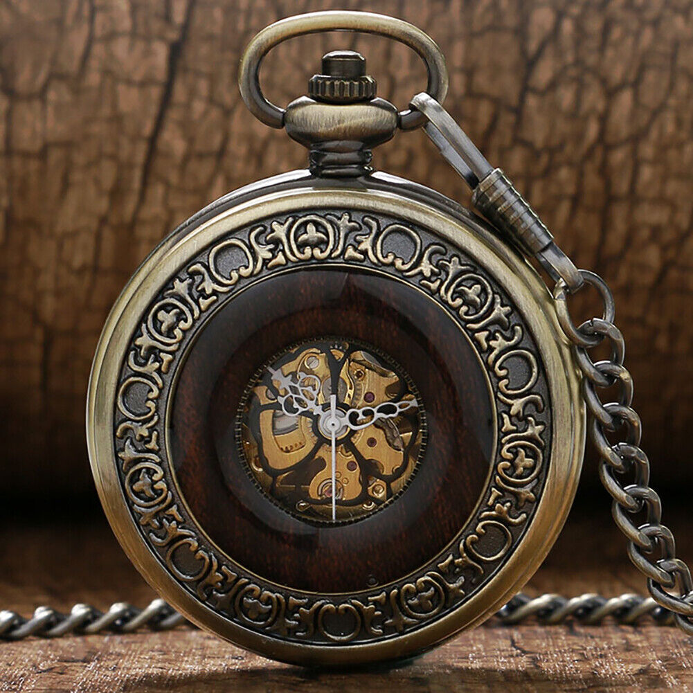 Retro Steampunk Mechanical Hand Wind Wood Pocket Watch Necklace Gift
