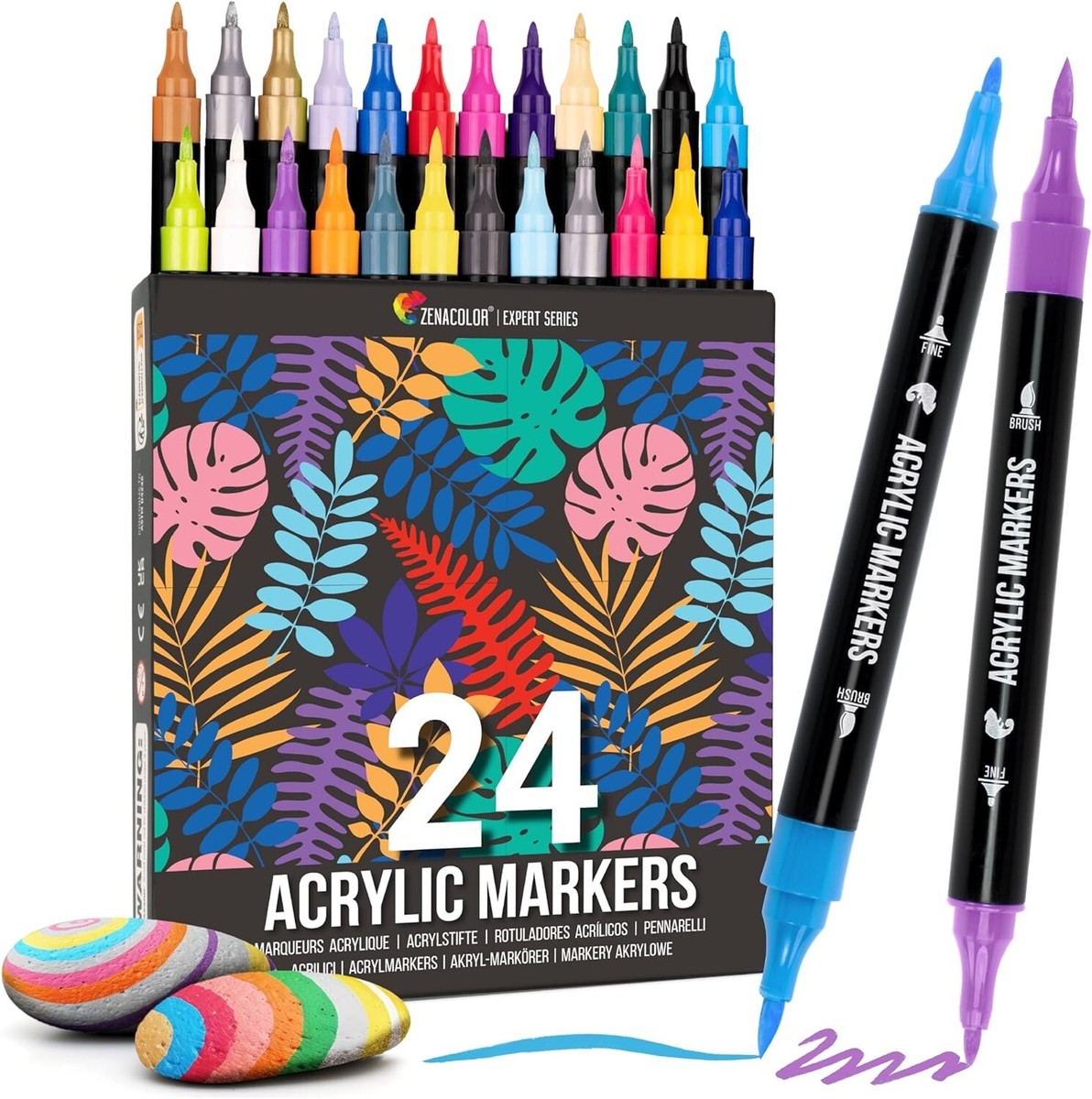 Zenacolor 24-Pack Acrylic Paint Markers - Dual Tip (Fine + Brush