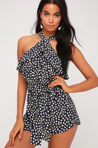 FAITHFULL THE BRAND Womens Size 6 or US 2 Gaia Navy Floral Print Halter Romper - Picture 9 of 10