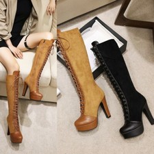 Womens Round Toe Lace Up Platform Knee High Boots High Block Heels Zipper Shoes