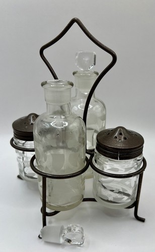 Cruet vintage set 5 pezzi sale pepe olio aceto incisione vetro cottage tavolo - Foto 4 di 10