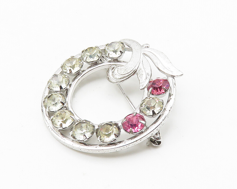 925 Sterling Silver Vintage Pink & White Topaz Floral Brooch
