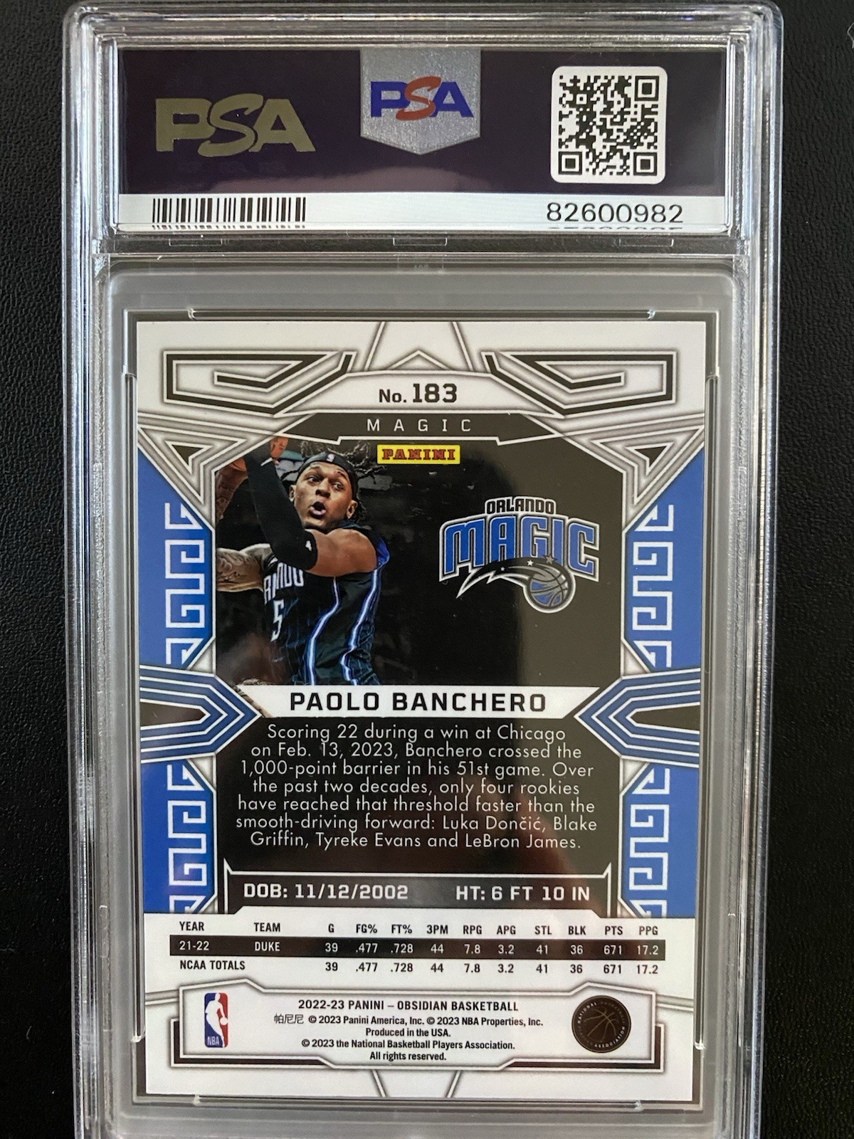 2022-23 Panini Obsidian - Paolo Banchero #183 Black Etch (RC) PSA 10 view 6