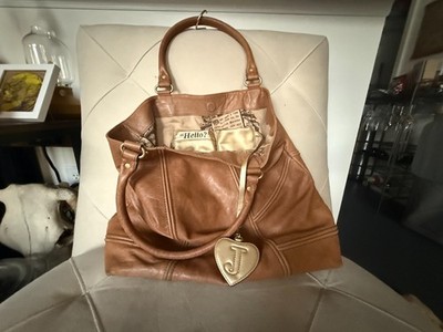 Vintage Juicy Couture Tan Leather Tote Bag Y2K Hobo Shoulder Purse Heart Mirror