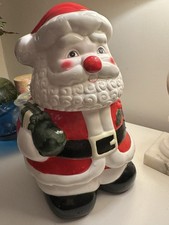 Vintage Ceramic Santa Claus Cookie Jar w/ Green Toy Sack Red Suit Christmas
