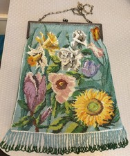 Antique Beaded Purse Micro Glass Multicolor Sunflower Iris Floral Garden XL 12"