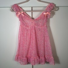 Victoria  s Secret Y2K Sheer Pink Floral Babydoll Slip Dress Ruffle Lace Bow SZ L