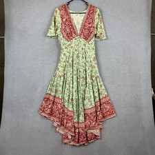 Iris Maxi Dress Womens 8 Green Red Floral Yoke Waist Drape Boho Gypsy