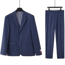 Men's Navy Check Polyester Modern Classic Slim Fit Single-Breasted 2-Piece Suit
