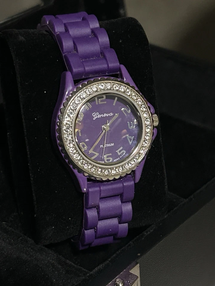 Geneva Platinum Purple Women’s Quartz Watch – Crystal Bezel, New Battery Cleaned - Image 2 of 4
