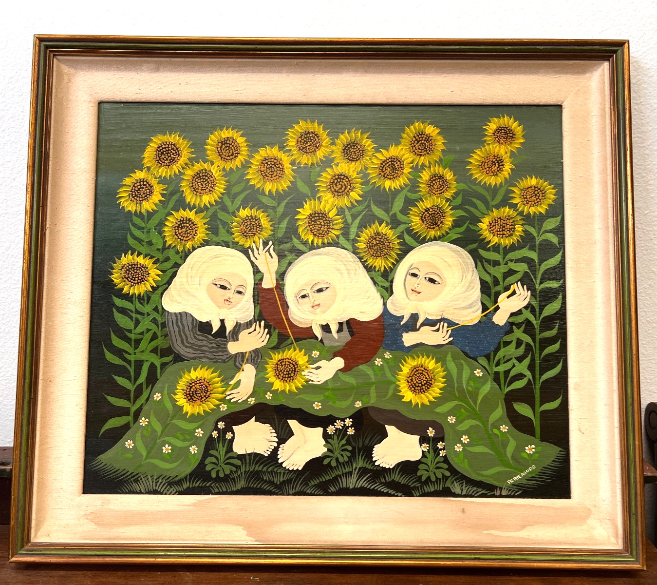 Carlos Perteagudo “Three Figures and Sunflowers” Signed Oil on Board Folk Naïve