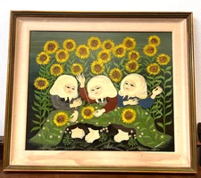 Carlos Perteagudo “Three Figures and Sunflowers” Signed Oil on Board Folk Naïve