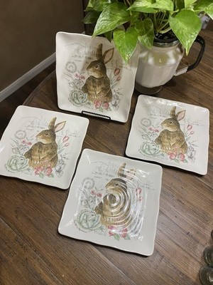 4 NWT Maxcera 8 1/2'' Spring Easter Bunny Rabbit Cabbage Patch Square Plate *READ