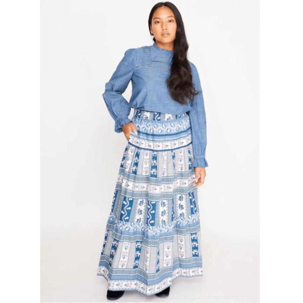 NWT Ophelia & Indigo Edith Maxi Skirt Vintage Floral Blue Boho Block Medium