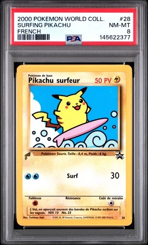 2000 POKEMON PIKACHU WORLD COLLECTION FRENCH #28 SURFING PIKACHU PSA 8