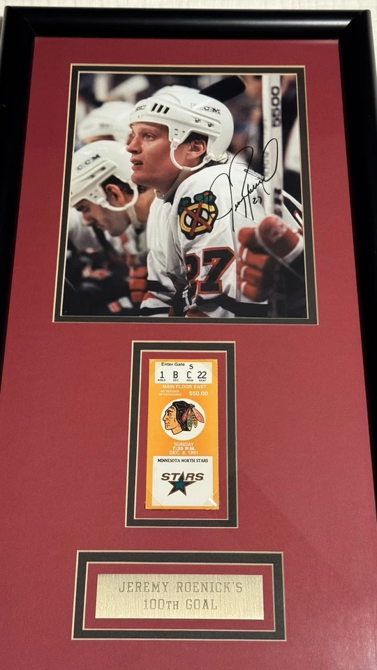 Foto enmarcada gol número 100 de Jeremy Roenick firmada de colección con placa y talón de boleto Foto 4 de 4