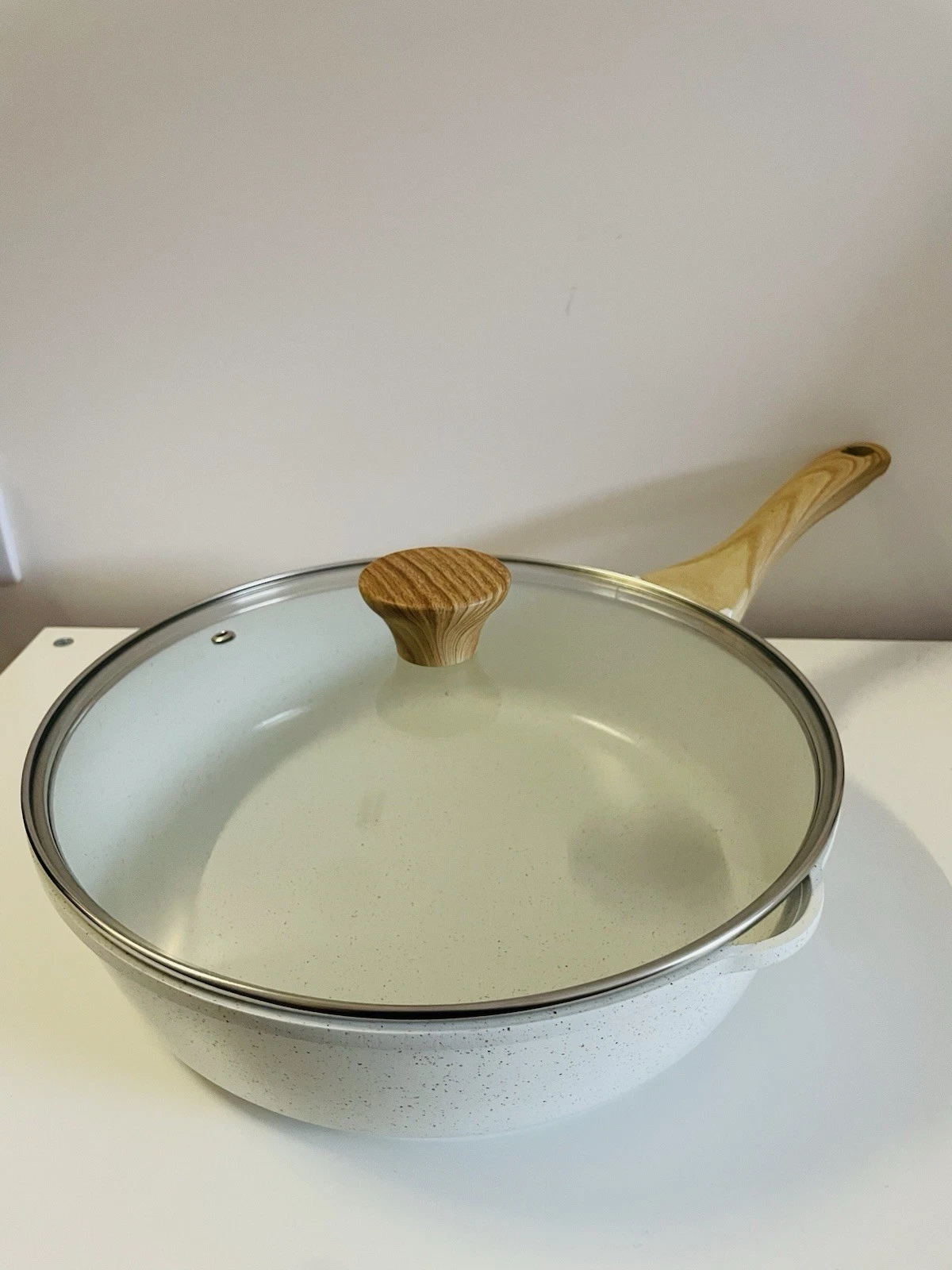SENSARTE 28cm Non Stick Frying Pan with Lid Induction Granite White PFOA-free BN
