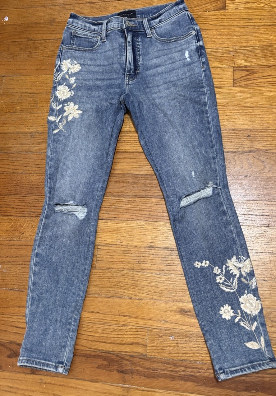 Lucky Brand Blue Skinny Denim Jeans Women High Rise Floral Embroidered