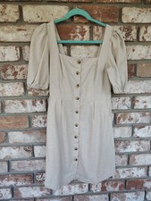 Old Navy Beige Linen Blend Puff Sleeve Square Neck Button Front Mini Dress Sz S