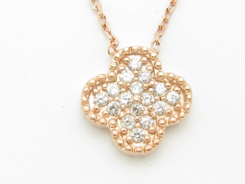 18KT ROSE GOLD SILVER DIAMOND SET PAVE WHITE SAPPHIRE CLOVER DESIGN PENDANT GIFT