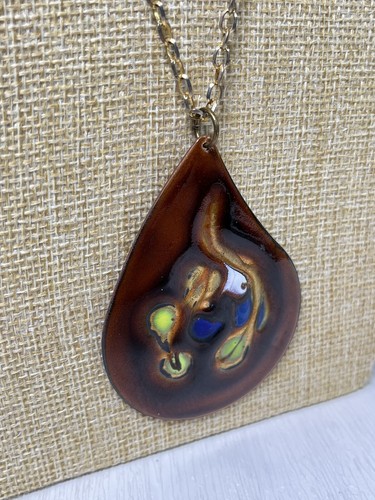 Vintage Artisan Large Copper Enameled Pendant Necklace 70s Boho Abstract 256 - Picture 9 of 16