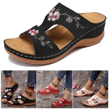 Ladies Womens Sandals Mid Wedge Heel Slip On Summer Mules Leather Shoes Size