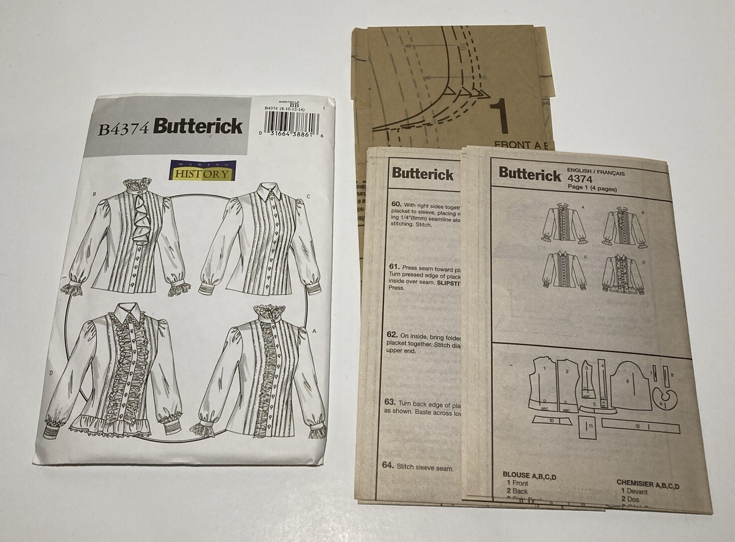 Butterick 8-10-12-14 Historic Sewing Pattern B4374 Romanitc Blouse Bust BB