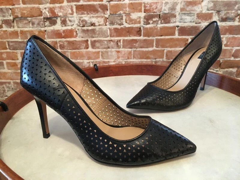G.I.L.I. Black Leather Jill Laser Cut Pointed Toe Pumps New Gili