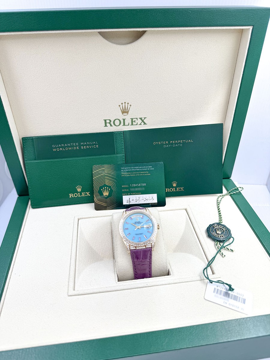 amill❤︎様　リクエスト Rolex Day-Date 128458TBR 18k Yellow Gold Diamond Purple Strap