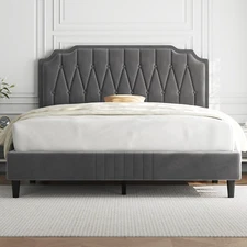 Queen Bed Frame Velvet Upholstered Platform Bed with Curved Headboard, Height-Ad