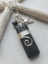 Sea Glass Necklace w Opaque Black Puffed Rectangular Pendant Wire Wrapped