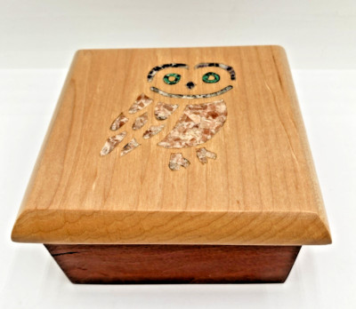 Owl Mosaic Gemstone Inlay Wooden Trinket Box  2.5 '' x 4.5'' Reversible Cover Lid
