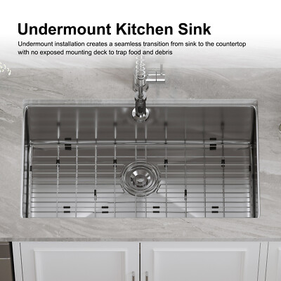 32''x19'' Undermount Kitchen Sink Single Bowl 304 Stainless Steel Workstation