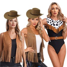 A Womens Cowgirl Costume Sleeveless Fringe Waistcoat Tassel Bodysuit Cosplay