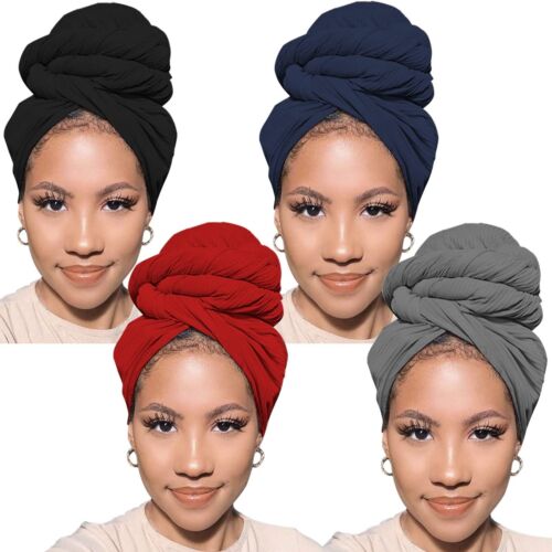 4 Pieces Long Stretch Turban Head Wrap for Black Women Solid Color Knit Hair ...