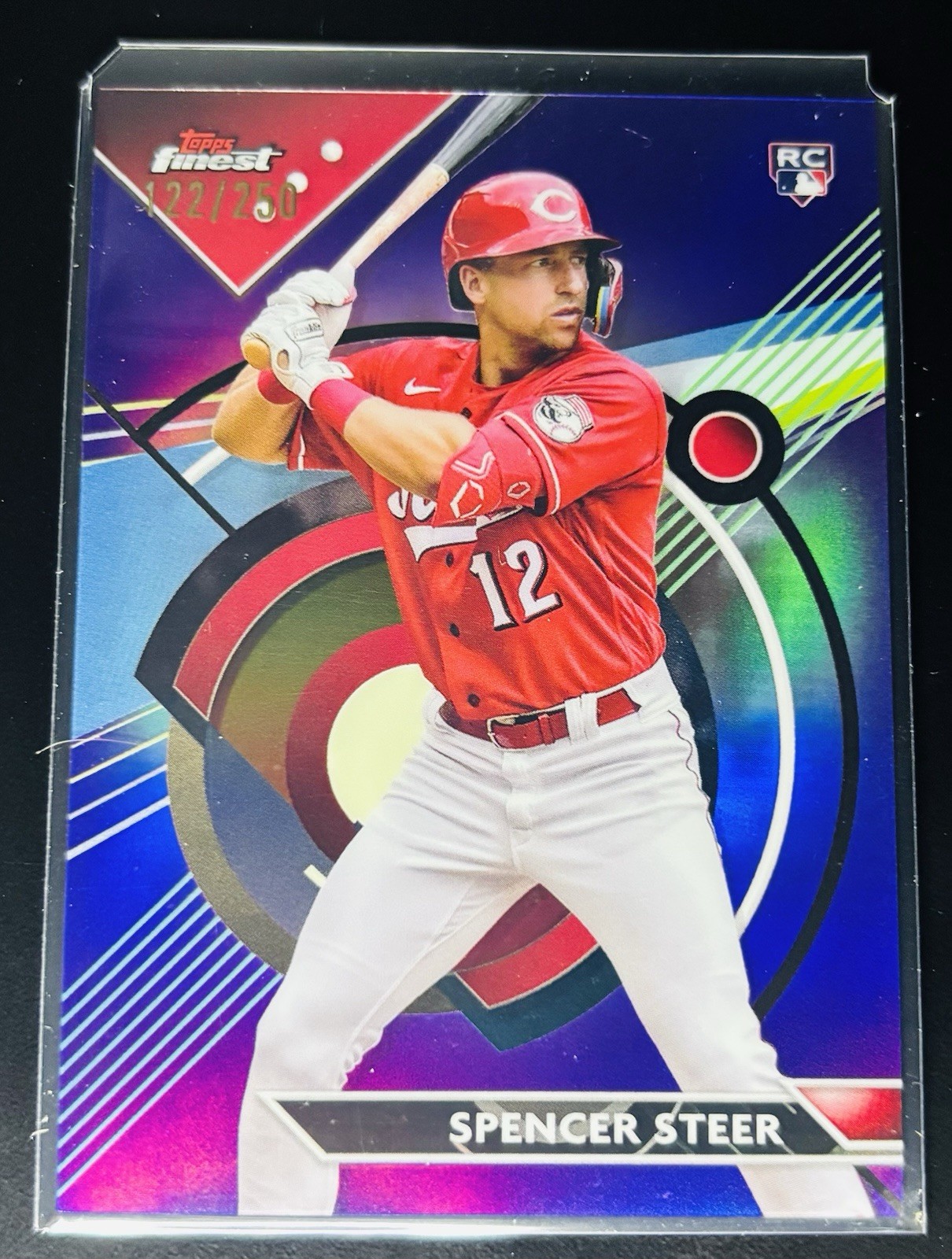 Spencer Steer 2023 Topps Finest #95 Rookie RC Purple Refractor/250 Reds