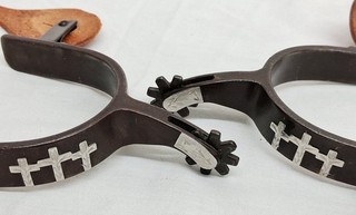 Hand Embellished Filigree Cross Spurs Tooled Floral Leather Western Buckle Strap