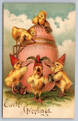 1908 Easter Greetings Postcard Chicks in Hats Decorating Egg German Embossed