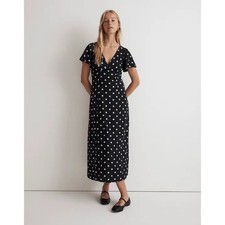 Madewell Polka Dot Challis Midi Dress Black White V-Neck Flutter Sleeve NN161
