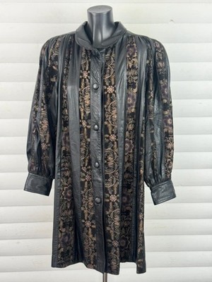 Vintage schwarz Leder Blumenmuster Panel Knopfleiste Relaxed Fit Jacke 80-90er L
