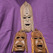 3 Hand Carved Wood Tribal Face Mask Unique Folk Art Vintage Tiki Bar Decorative