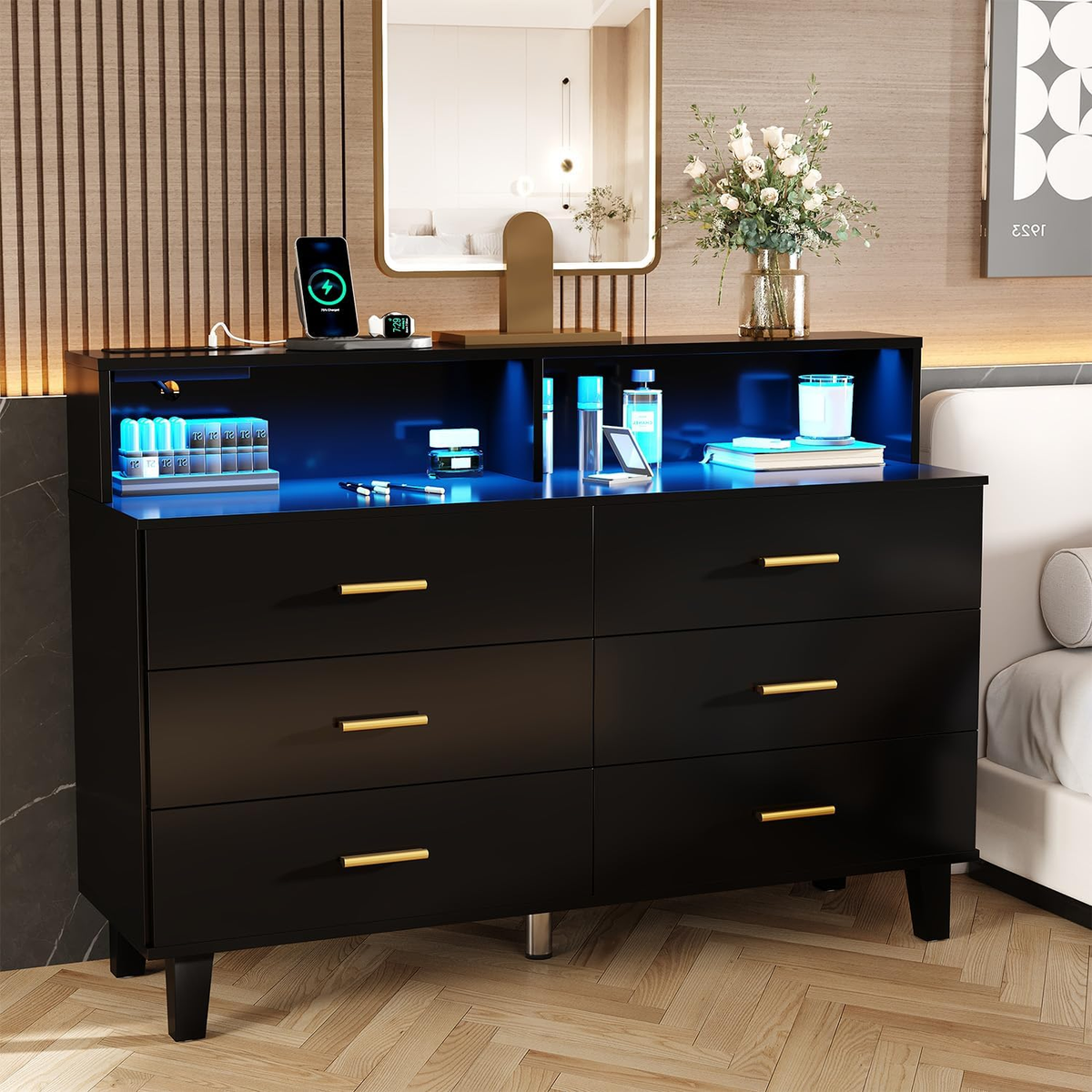 Black Dresser with LED Lights, 6 Drawer Dresser with Power Outlet for  Bedroom, L | eBay