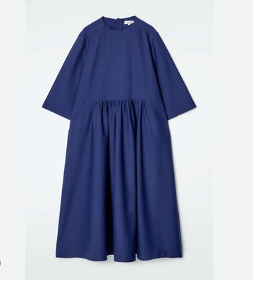 COS Navy Blue Gathered Wool Midi Dress Nwt Oversized A-Line 4 | eBay