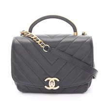 CHANEL Chevron V-Stitch Top Handle Chain Shoulder Bag Leather Black Gold #RC1019