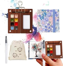 Mini Travel Watercolor Paint Palette Kit Pocket Artist Set with Wooden Box