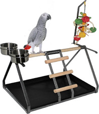 Parrot Bird Perch Table Top Stand Metal Wood 2 Steel Cups Play for Medium and La