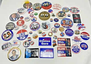 Lote de 60 prendedores políticos vintage Clinton Kennedy Nixon Reagan Perot Mondale Trump