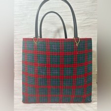VINTAGE   tartan green and red Plaid Tote Bag with Black Handles good condition