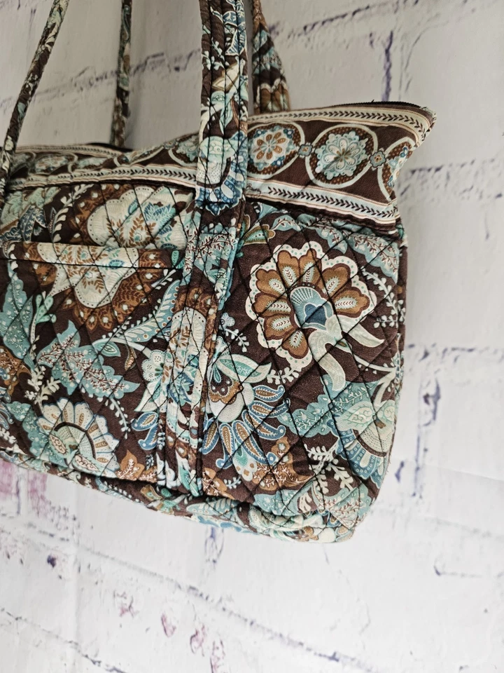 Vera Bradley Retired Handbag Java Blue Paisley Brown Floral Zipper 2-handles - Image 3 of 4